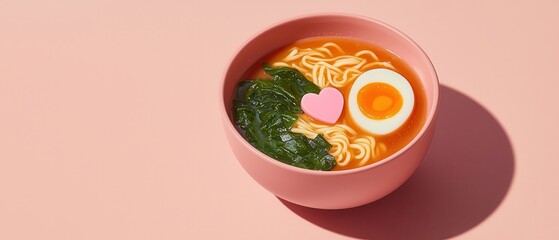 Delicious Ramen Noodles Soup with Egg and Heart Shaped Garnish