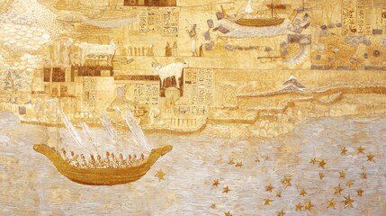 Naklejka premium Navigating the Tigris: Mesopotamian Sailors Using Stars and Maps | Detailed Illustration of Ancient Navigation Techniques on River