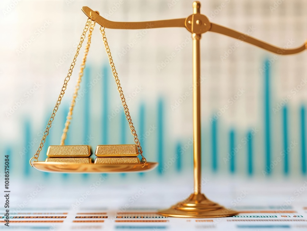 Poster gold bars balancing on golden scale symbolizing stability and investment