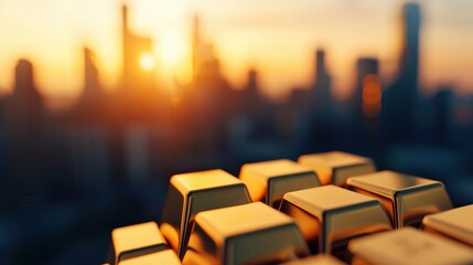 Obraz premium Gold bars representing investment growth at sunset with city skyline