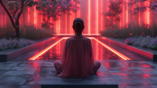 A sleek meditation garden with interactive digital mindfulness guides and neon-lit tranquility zones 