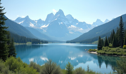 Crystal-clear lake nestled amidst mountains, reflecting a vibrant mountains and blue sky