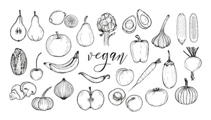 Fruits and vegetables sketch outline illustration collection. Simple doodle drawing set in engraving style. Hand drawn vector line art clipart isolated on a white background