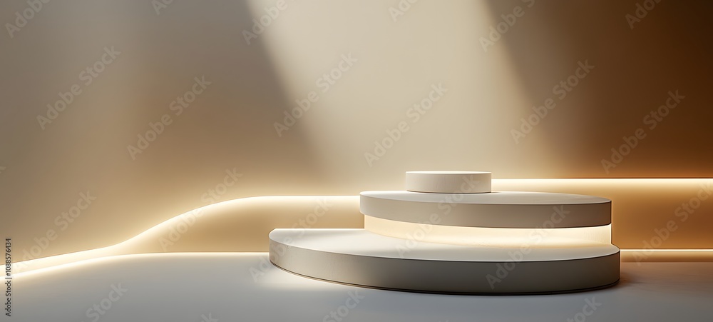 Poster 91. a podium with a smooth white surface, subtle lighting from above, creating ample space for produ