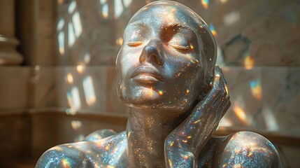 Obraz premium An avant-garde religious sculpture with shifting holographic spiritual symbols and bioluminescent highlights 