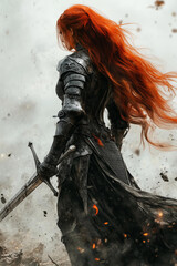 beautiful female knight with long red hair, wearing black and grey armor, sword in hand, walking on the battlefield, in the style of fantasy art, with a dark atmosphere and a white background 