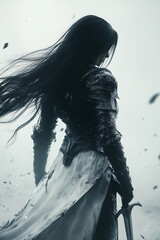 Fototapeta premium beautiful female knight with long black hair, wearing black and grey armor, sword in hand, walking on the battlefield, in the style of fantasy art, with a dark atmosphere and a white background, conce