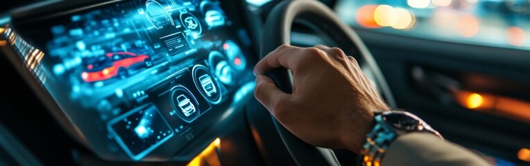 A driver interacts with a high-tech dashboard in a sleek modern vehicle. The illuminated display features real-time information and interactive elements, enhancing the nighttime driving experience