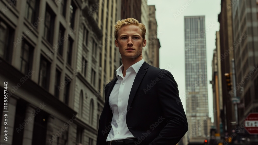 Aufkleber a man in a suit stands in front of a building in a city