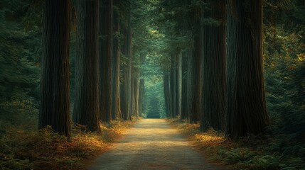 Fototapeta premium Enchanting forest path lined with tall trees, inviting exploration and tranquility.