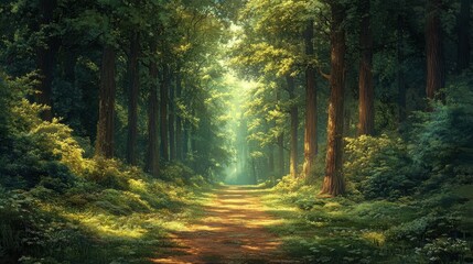 Obraz premium Enchanting forest path lined with tall trees, inviting exploration and tranquility.
