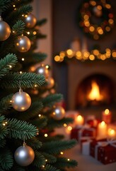 Christmas and New Year holiday concepts. Silver balls on fir branches. Interior Christmas. Magic glowing tree, fireplace, gifts background