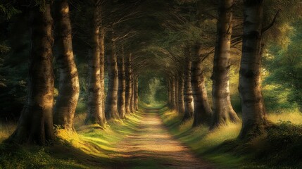 Obraz premium Enchanting forest path lined with tall trees, inviting exploration and tranquility.