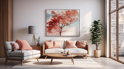 Modern Living Room Interior Beige Sofa Pink Pillows Red Tree Artwork
