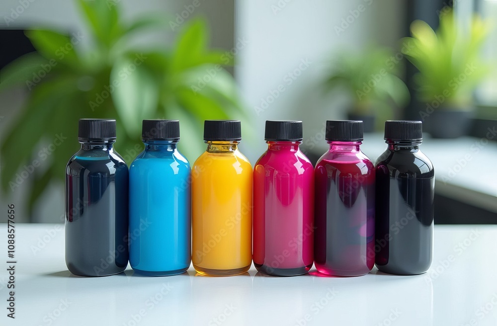 Aufkleber A row of colorful bottles with different colored liquids inside