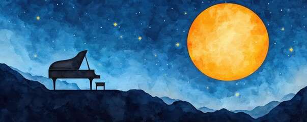 Naklejka premium A serene night scene with a grand piano silhouetted against a bright full moon.