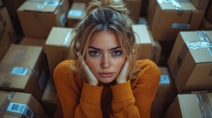 Young businesswoman or online business owner surrounded by cardboard boxes, battling fatigue and embracing challenges