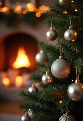 Christmas and New Year holiday concepts. Silver balls on fir branches. Interior Christmas. Magic glowing tree, fireplace, gifts background