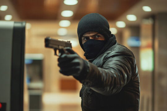 Bank robber with face hidden behind ski mask with gun - Powered by Adobe