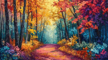 Fototapeta premium Forest trail with a vibrant canopy of leaves