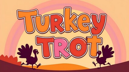 Colorful and Fun Turkey Trot Design Featuring Vibrant Turkeys and Playful Text in Autumn Scenery Ideal for Thanksgiving Celebrations