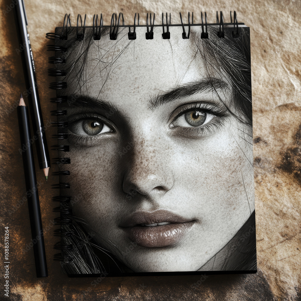 Poster a realistic mock-up of a notebook with a portrait scanning feature.