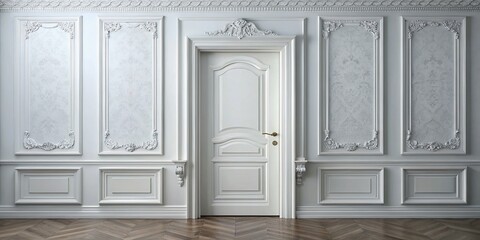 Elegant White Door with Ornate Trim on Isolated Background: A Captivating Architectural Element for Home Design and Interior Decor