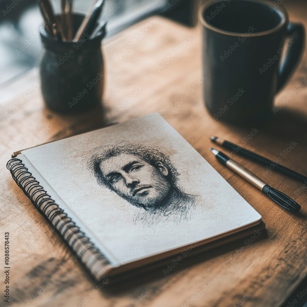 Poster a realistic mock-up of a notebook with a portrait scanning feature.