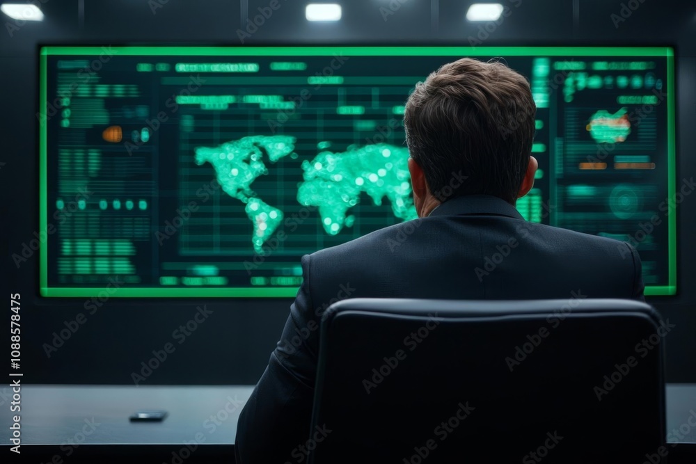 Poster a professional analyzing data on a futuristic digital screen in a dark environment.