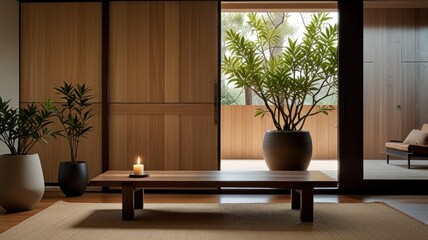 Tranquil minimalist interior with low table, lit candle, potted plants, and sliding wood doors opening to a patio.