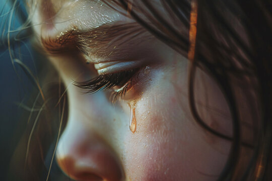 Close up of young gilf child crying tears