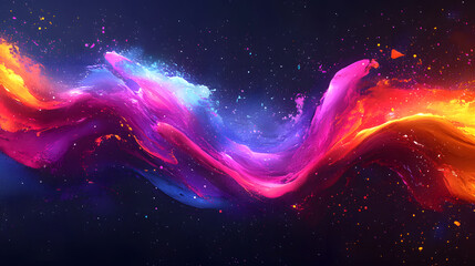 Bold abstract illustration featuring splashes of neon colors against a dark background, with chaotic lines and forms that evoke a sense of creativity and untamed artistic expression.