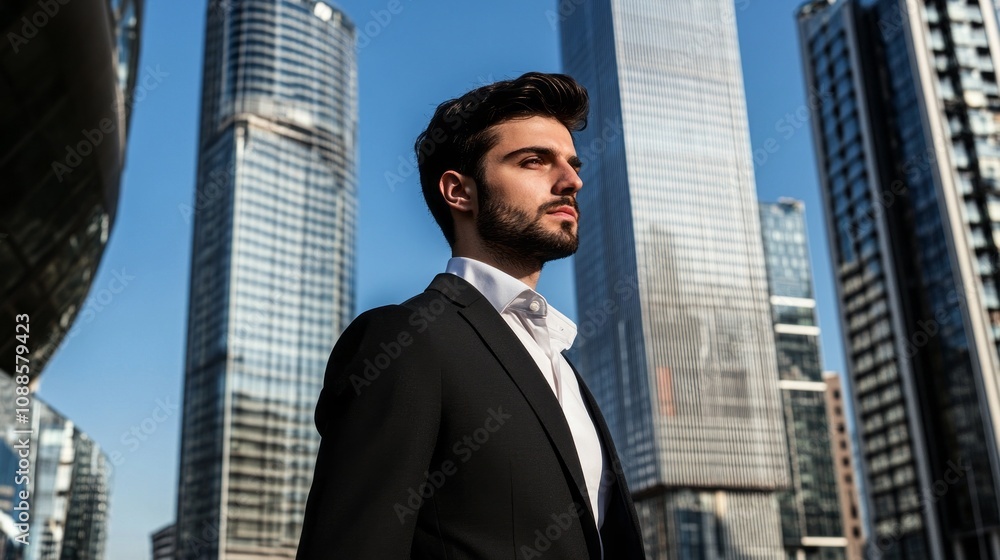 Poster a man in a suit stands in front of a tall building