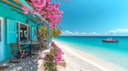 Obraz premium A beautiful beach cafe with turquoise walls in beach view
