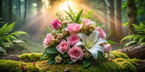 Enchanting Arrangement of Pink Roses and White Lilies in a Mystical Forest Surrounded by Lush Greenery, Perfect for Nature and Floral Photography Enthusiasts