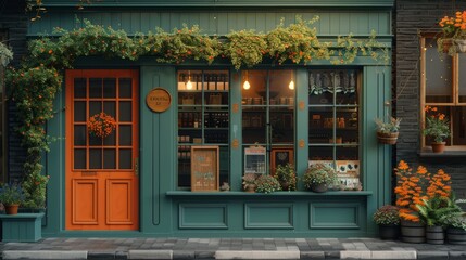 A realistic store front British style with two window and display showcasing various products 