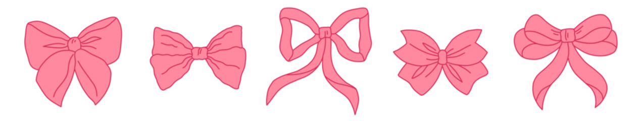 Pink bows vector set. Clipart bows isolated on a white background. Vector illustration.