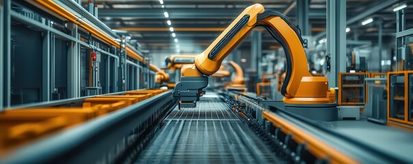 Modern recycling plant with a robotic sorting system, sleek machinery emphasizing technological advancement