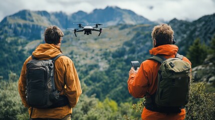 In a stunning mountain landscape, a hiker operates a drone for aerial views while another contacts local rescue services for assistance.