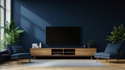 Modern interior design with a dark blue wall, featuring a TV and cabinet for the living room, mock-up