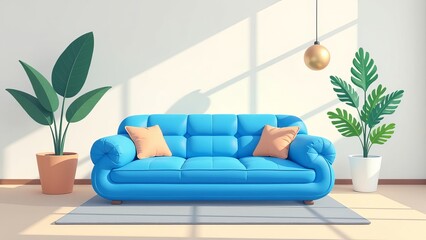 A blue couch sits in front of a white wall with a large window