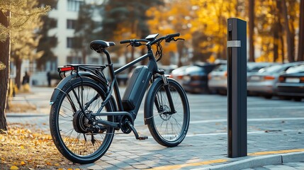 A black electric bicycle parked on the street with autumn leaves on the ground.
