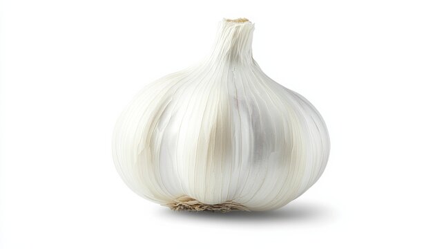 A single head of garlic with its papery white skin and tightly packed cloves, Each garlic&rsquo;s vibrant color and subtle imperfections captured with precision