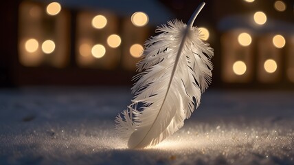 a delicate white feather, light as a whisper, floating gently in the festive air, shimmering under the soft glow of Christmas lights.