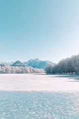 Frozen Lake Serenity Snow Covered Trees and Majestic Alpine Mountains Under a Bright Winter Sky