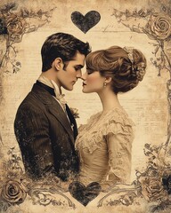 Collection set of vintage lovers with hearts, romantic  style old greeting cards, Valentine's day celebration