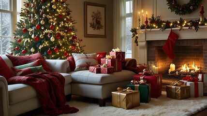 Envision a snug, festive living room aglow with the golden shimmer of countless twinkling fairy lights. At the heart of the scene stands a resplendent Christmas tree, its branches adorned with glisten
