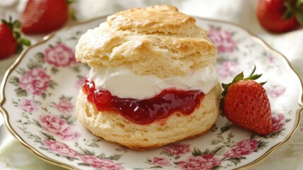 Freshly Baked Scone Topped with Cream and Jam on Vintage Floral Plate Surrounded by Strawberries for Afternoon Tea or Summer Treat