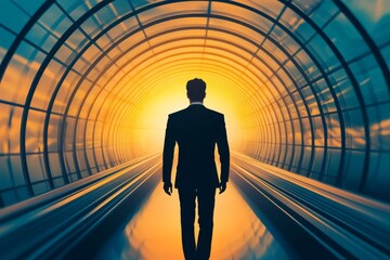 Silhouette of a businessman walking through a glowing tunnel towards success.