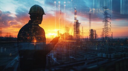 Double exposure of an engineer working on electrical systems at twilight, showcasing hard work and modern technology in industrial settings Illustration, Image, , Minimalism,